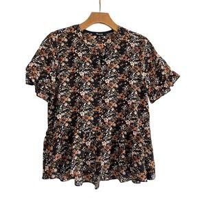 Madewell Women's Floral Short Sleeve Blouse Shirt Top Silk Ruffle Hem XS Boho
